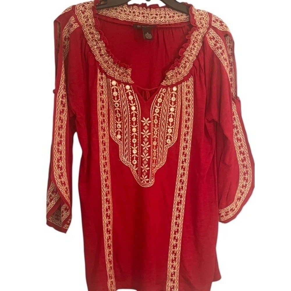 INC International Concepts Embroidered Tunic Top Mirror Accents Red M